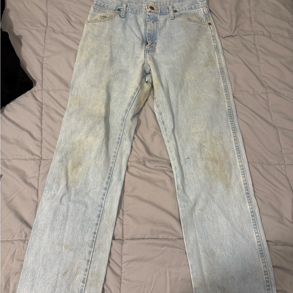 Wrangler Blue Straight Jeans with Authentic Distressing